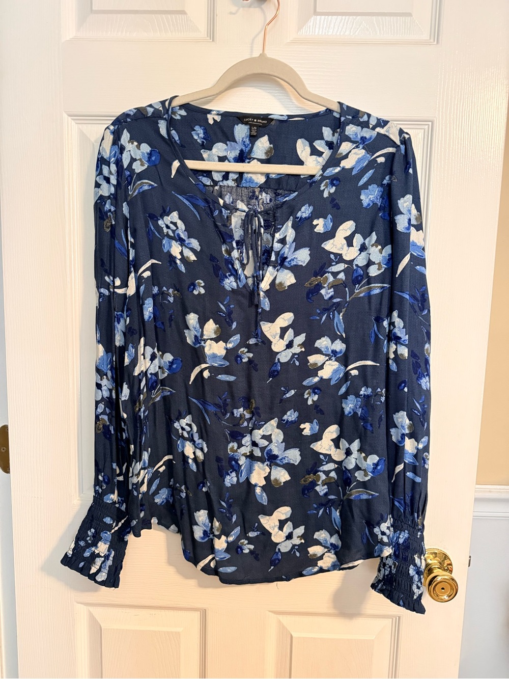Floral Tie-Neck Long Sleeve Top - Navy Blue